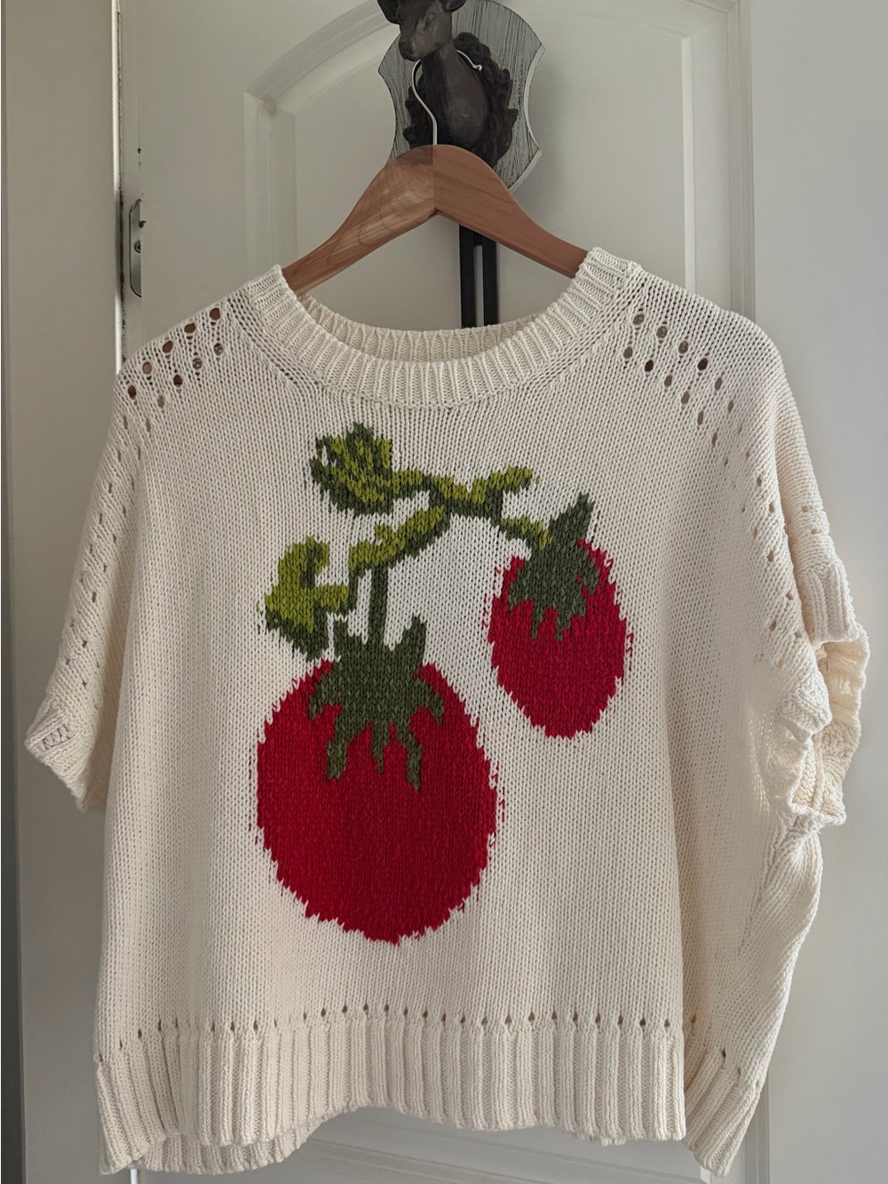 Maeve Cream Knit Short-Sleeve Sweater with Strawberry Motif